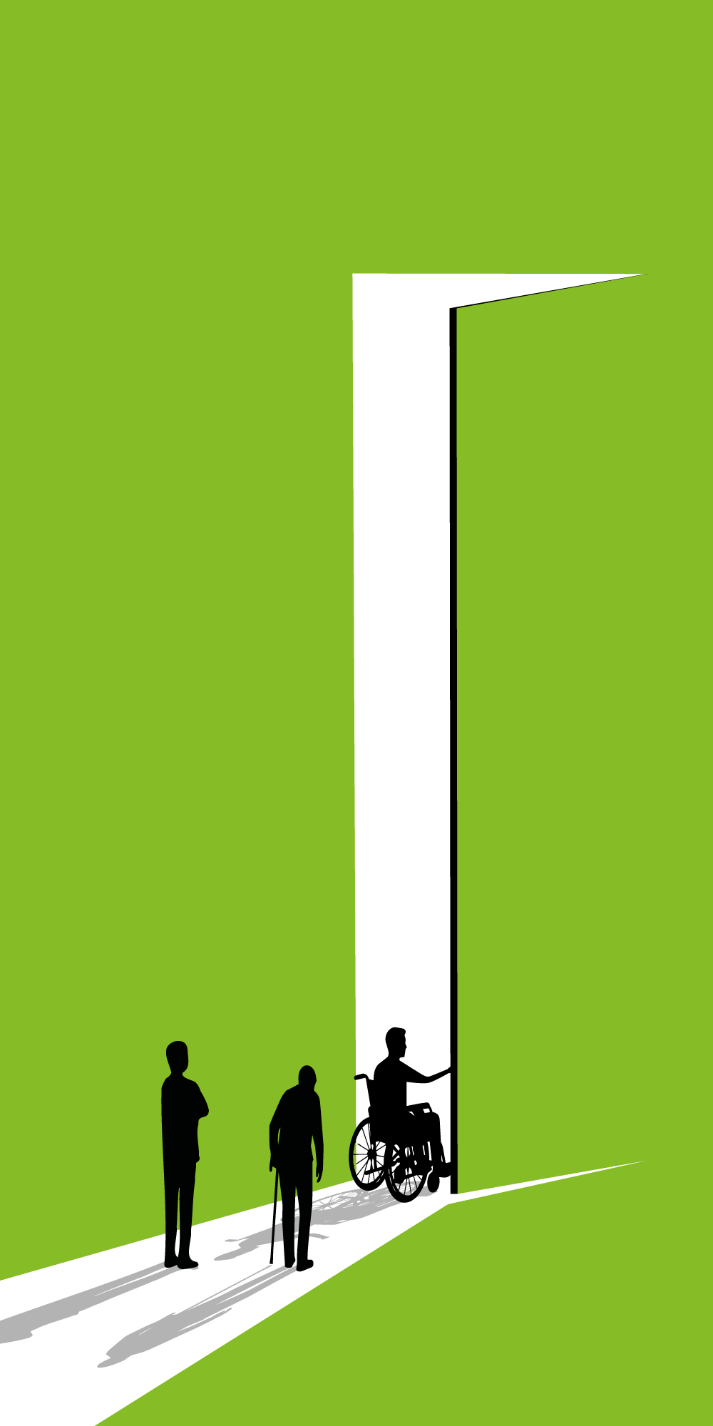 Illustration-Tuer-freigestellt-mobil Ein Mensch im Rollstuhl öffnet eine überdimensionale Tür, hinter ihm zwei weitere Personen.